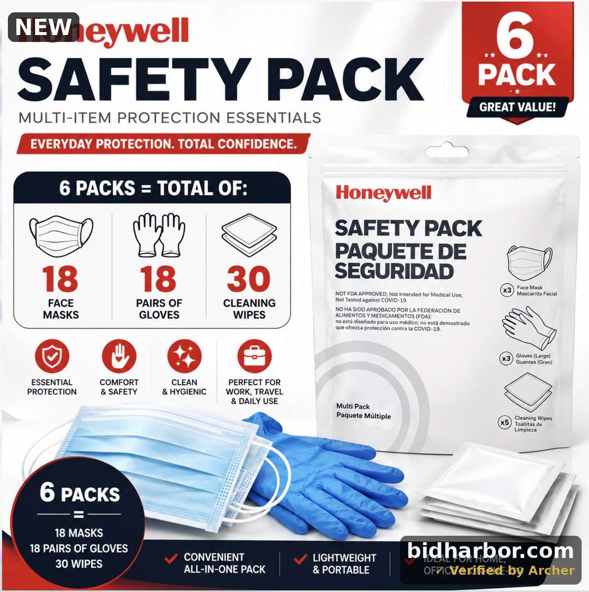 Lot of 6 Complete Safety Kits – Total of 18 Masks, 18 Gloves & 30 Cleaning Wipes — White