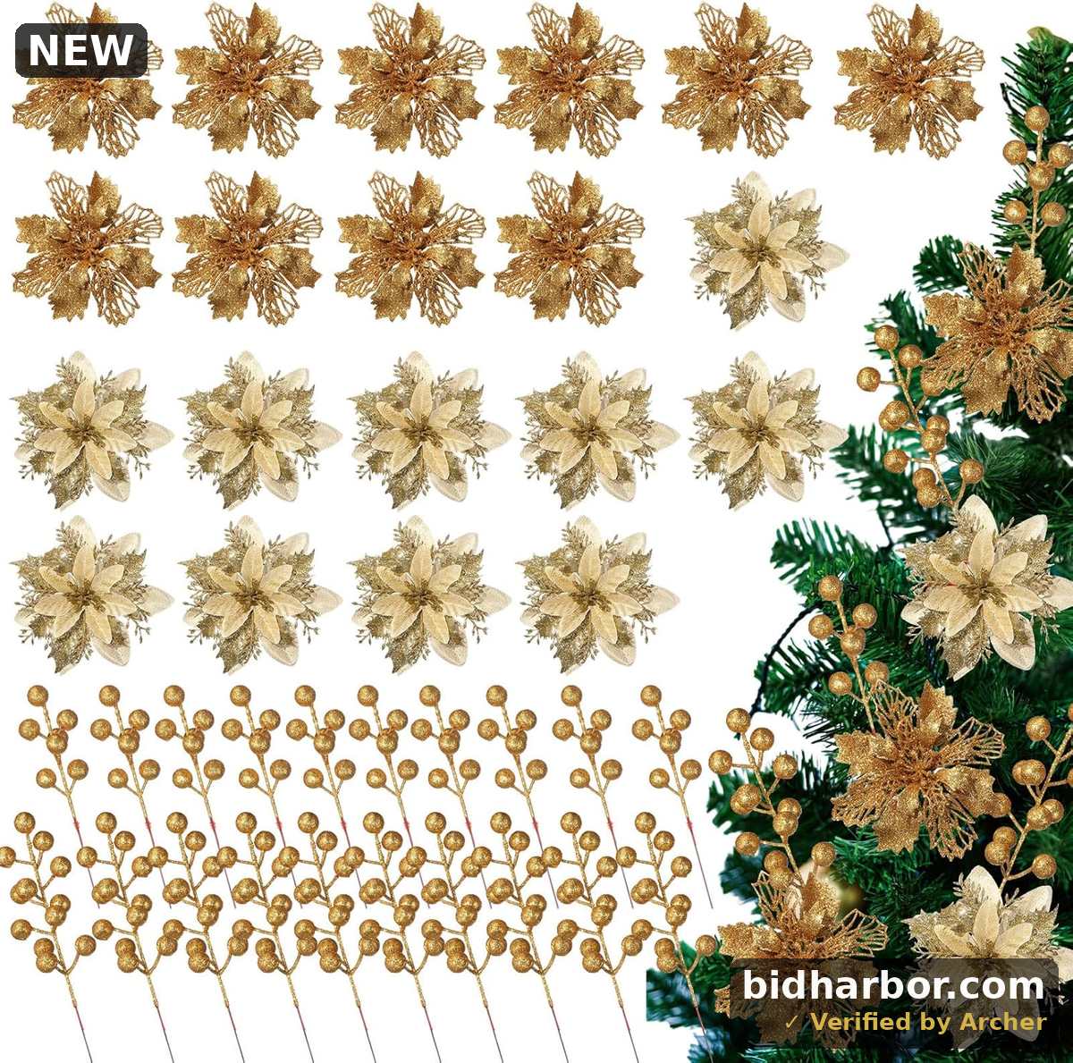 60 Pcs Pink 6 Styles Christmas Artificial Poinsettia Flowers with Glitter Berries Stems Tree Picks for Christmas Tree Ornaments DIY Xmas Wreath Crafts Holiday