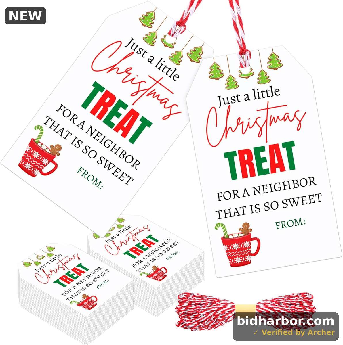 120 Pcs Christmas Hot Cocoa Tags for Neighbor, Paper Xmas Treat Sweet Tag for Neighbor with Rope Bulk for Cookie Labels Presents Boxes Decor