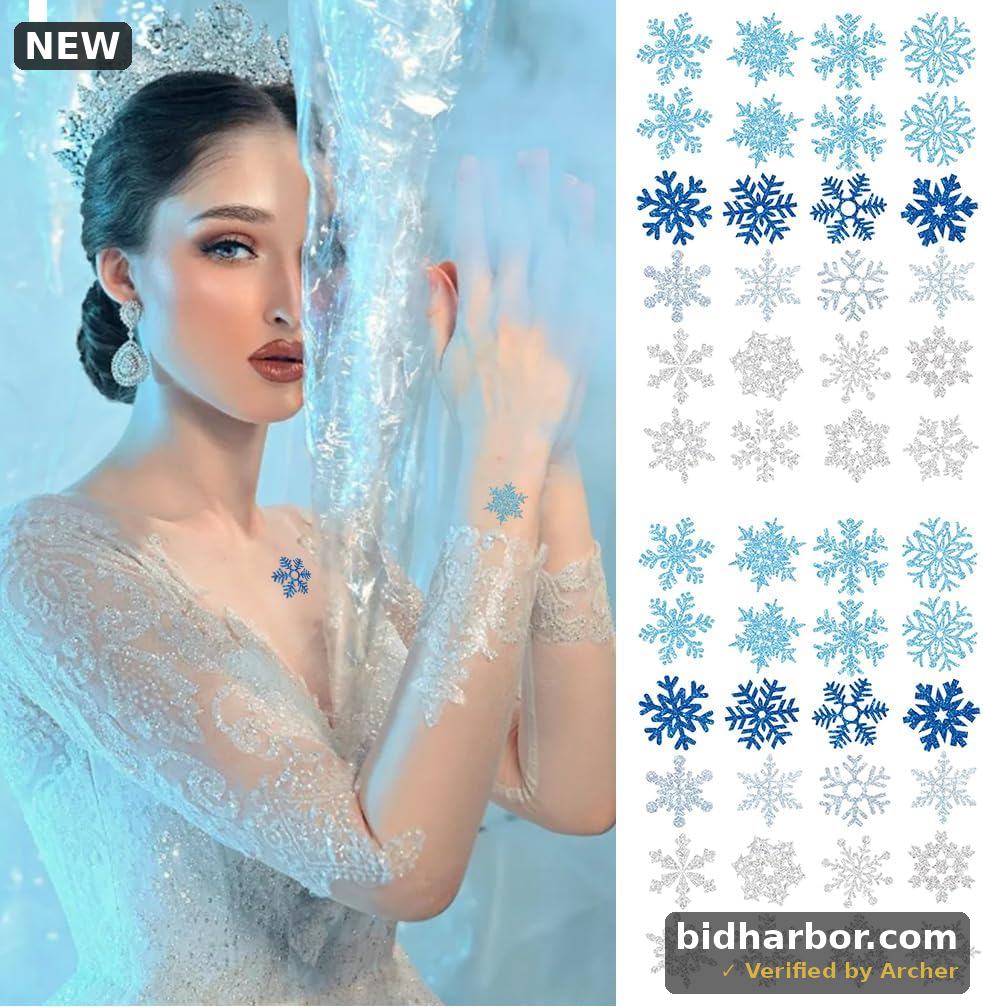 Glitter Snowflake Temporary Tattoos — 48 Pcs, Winter, 2 Large Sheets