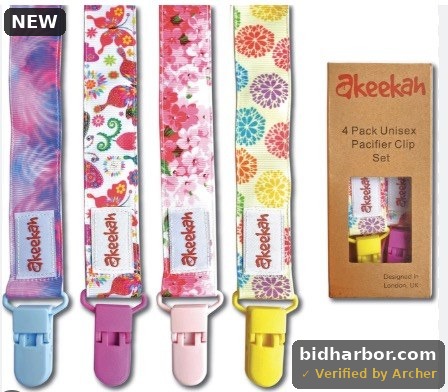 Baby Pacifier Clip Girl by Akeekah | 4 Pack | Luxury Eco-Friendly Gift Box | Soothie Pacifier Holder & Binky Clip with Awesome Colorful Designs | Safe BPA Free & Washable Plastic Paci Clips | Easy Use