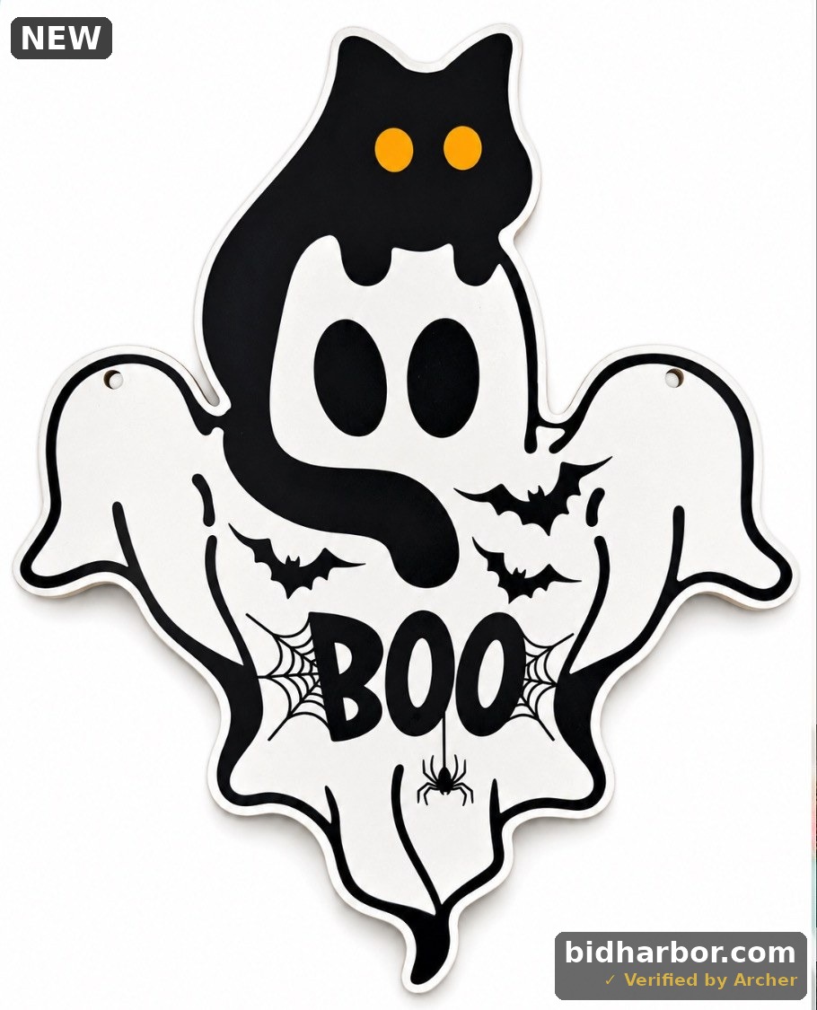 Halloween BOO Ghost Wall Sign Decoration — Hanging Ghost with Black Cat, Bats, Spider Web & Spider — Spooky Halloween Door / Wall / Mantel Decor (Made in China)