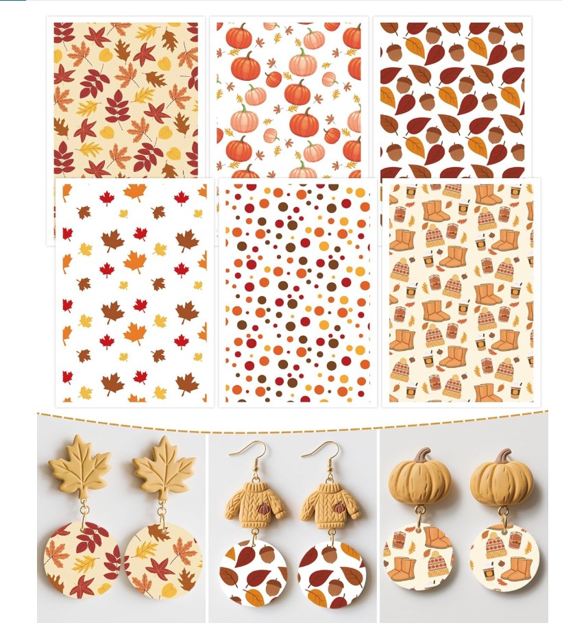 Puocaon Fall Clay Transfer Paper - 18 Pcs Maple Leaves Pumpkin Art Design Transfer Sheets for Polymer Clay Autumn Themed Earrings Design Jewelry Making