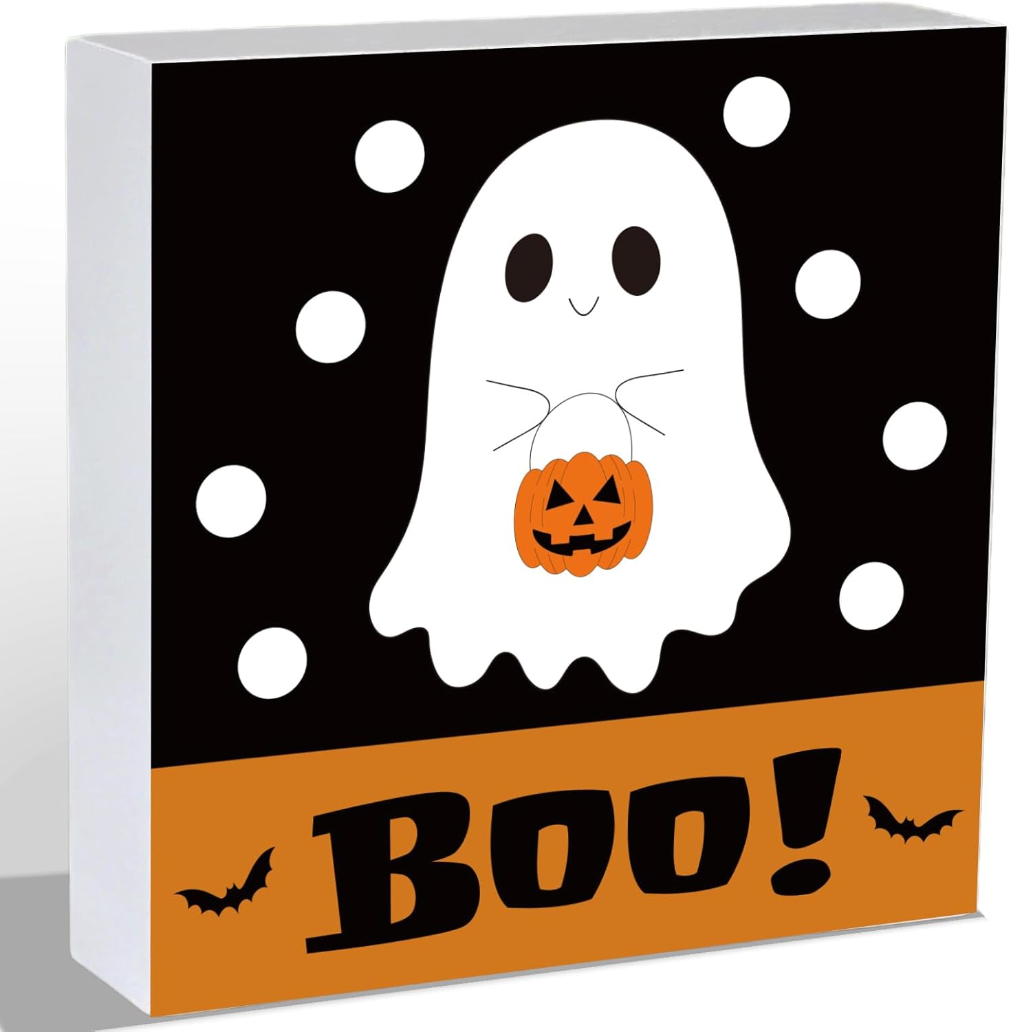 Halloween Decorations Indoor Home Room Cute Boo Ghost Table Decor Wood Box Sign Rustic Wooden Shelf Office Desk Season Sign House Warming Gifts 5.9 x 5.9 Inch