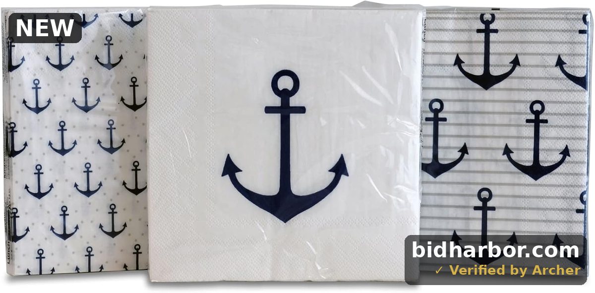 60 Count Beach Chic Anchor Napkins, 3 Packs of 20, 3 Ply Paper, 6 3/4" Dinner Size, 3 Vibrant Patterns 1-Big Anchors and Stripes, 2 - Big Anchor, 3- Baby Anchors and Dots, Nautical Blue and White,