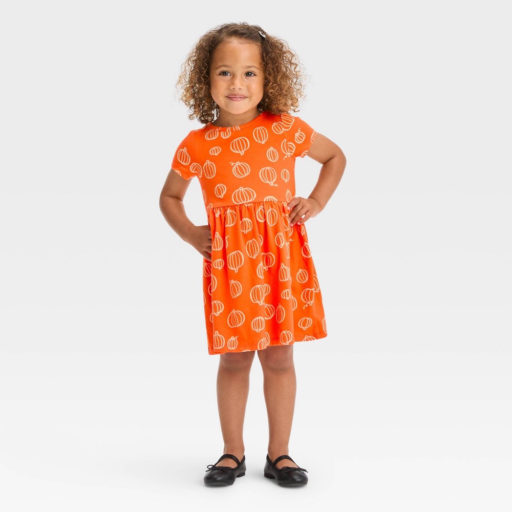Toddler Girls' Pumpkin Short Sleeve Dress - Halloween - Orange 2T