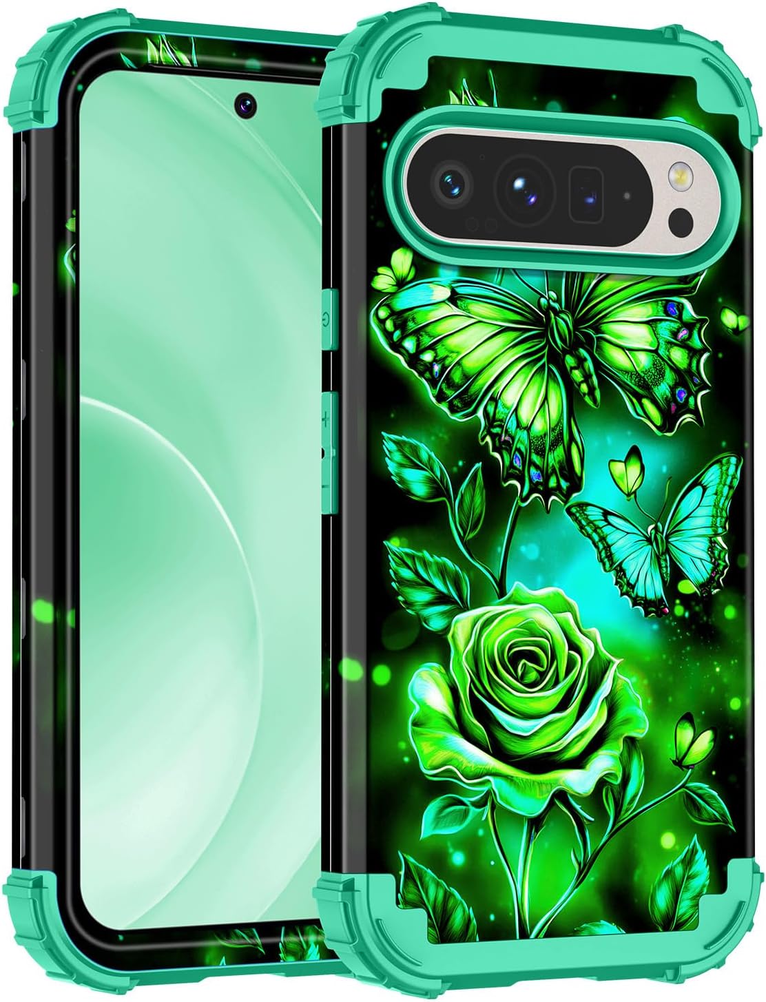 Miqala for Google Pixel 9 Pro XL Case, Glow in The Dark Three Layer Heavy Duty Shockproof Full Body Protection Hard Plastic Bumper+Soft Silicone Case for Google Pixel 9 Pro XL, Green