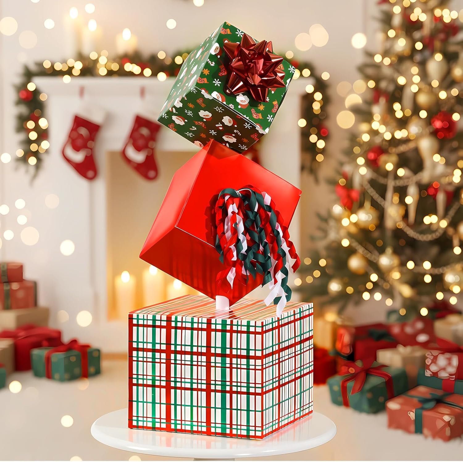 Tenare Set of 3 Christmas Stackable Gift Boxes Decorations Christmas Nesting Gift Box Tower Xams Stacking Box Decorations for Home Indoor Outdoor Lawn Yard Decor
