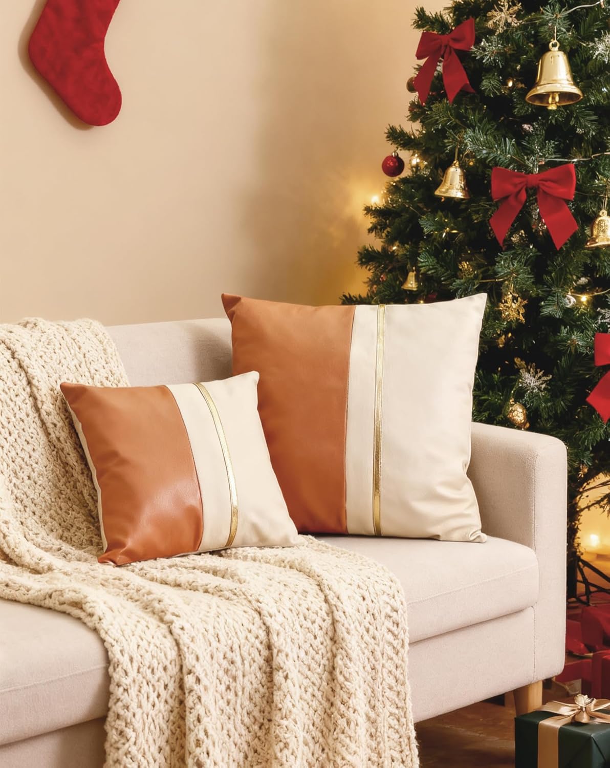 Christmas Small Pillow Covers, Faux Leather Cognac Decorative Throw Pillows Covers for Living Room Couch and Bed 13x13 Inch, Easy Clean Cushion Case