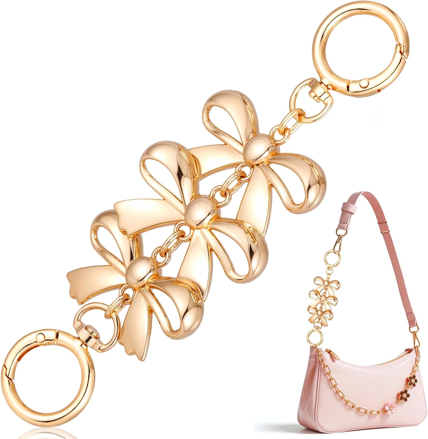 Purse Extender Chains Bow Bag Extender Chain Metal Pearl Strap Replacement for Handbag, Wallet (1pc-Gold Bow)