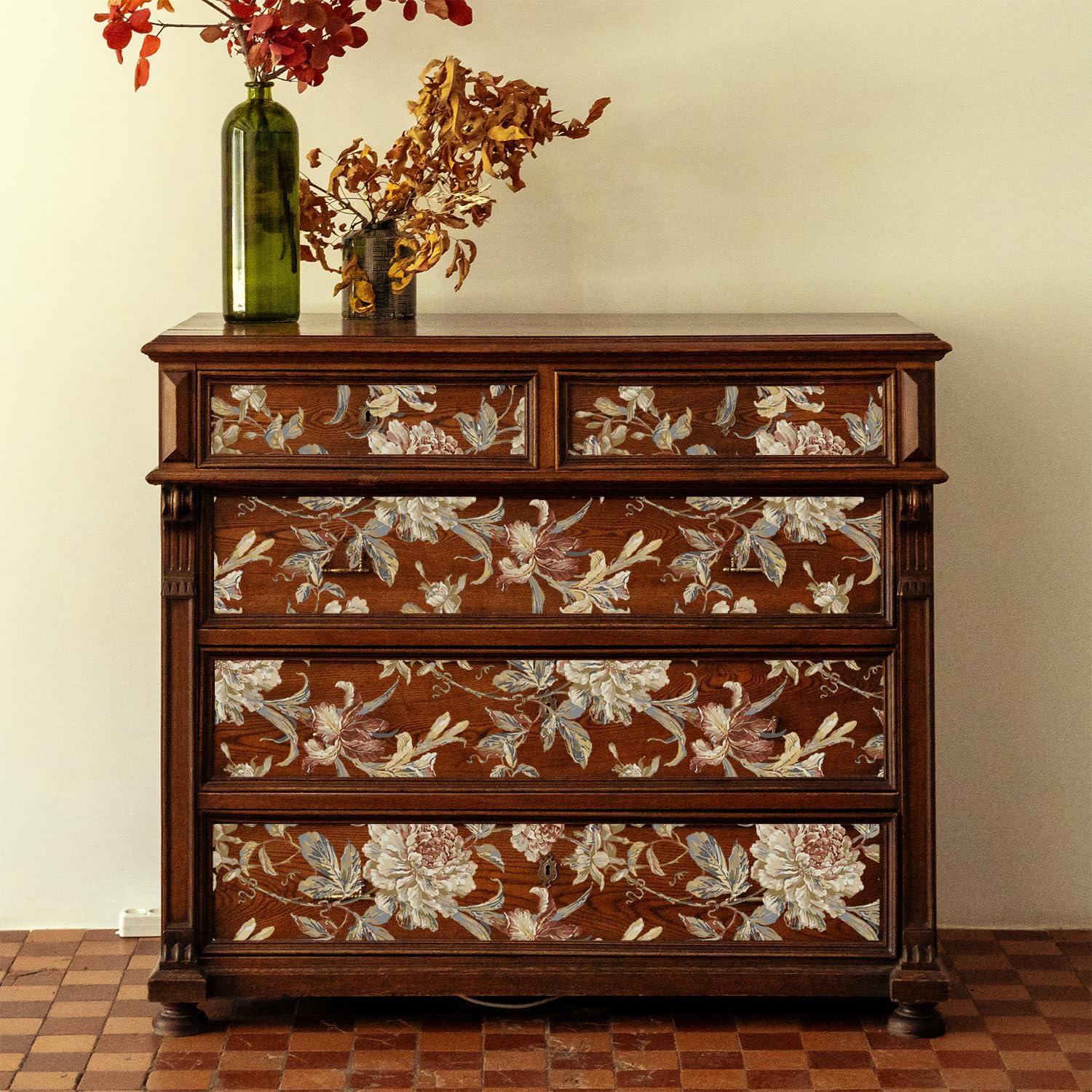 Vintage Floral Rub on Transfers for Furniture Large Flower UV DTF Stickers for DIY Nightstand, Wardrobe, Cabinet, 11.42" x 22.83" Antique Flower Theme