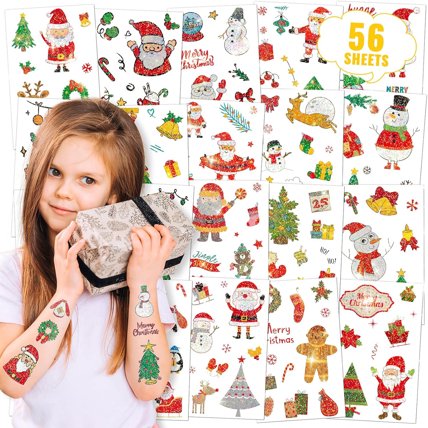 616 Pcs (56 Sheets) Christmas Temporary Tattoos for Kids, Fake Tattoo Stickers for Stocking Stuffers, Merry Christmas Decorations Tattoos Holiday Birthday Party Favors (Glitter)