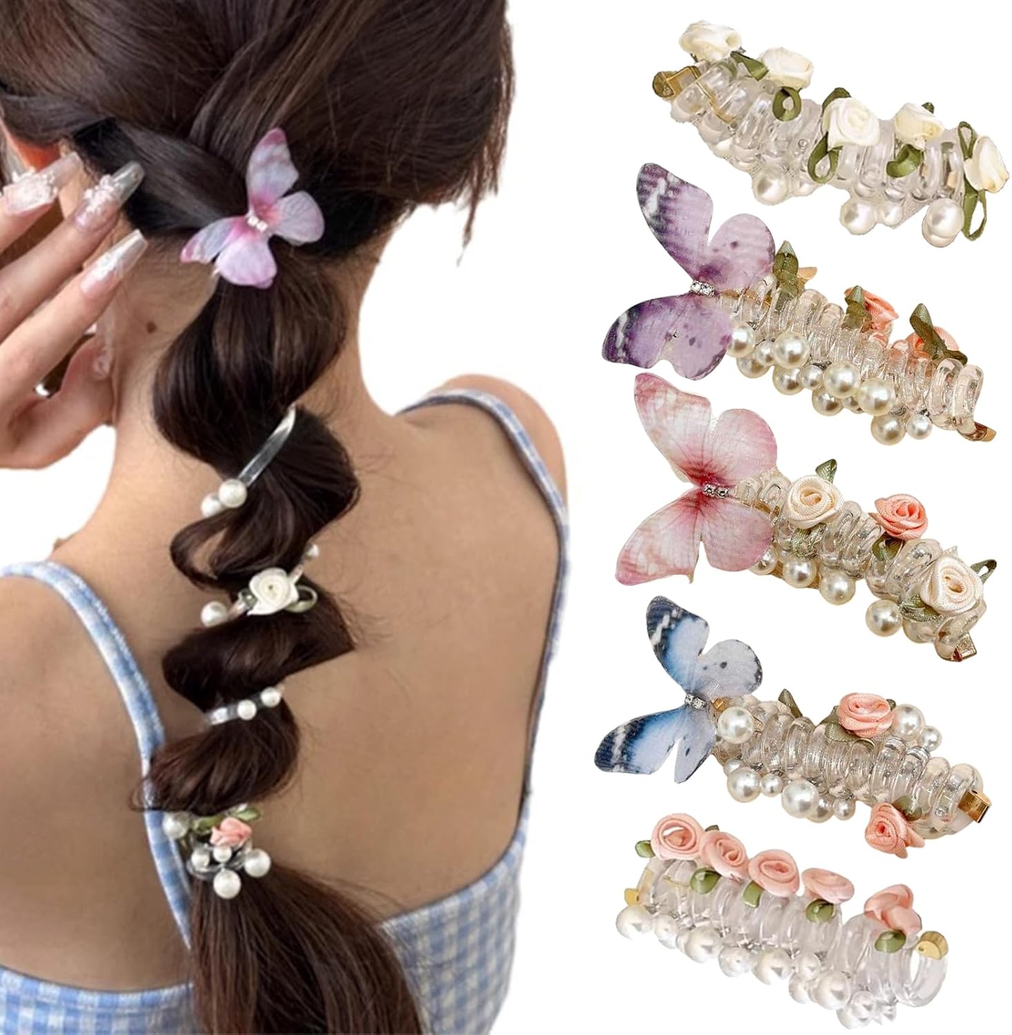 5Pcs Pearl Butterfly Flower Telephone Wire Hair Bands, Rose Flower Spiral Hair Ties with Pearls Telephone Cord Hair Scrunchies Beaded Ponytail Holders for Women Spring Hair Accessories