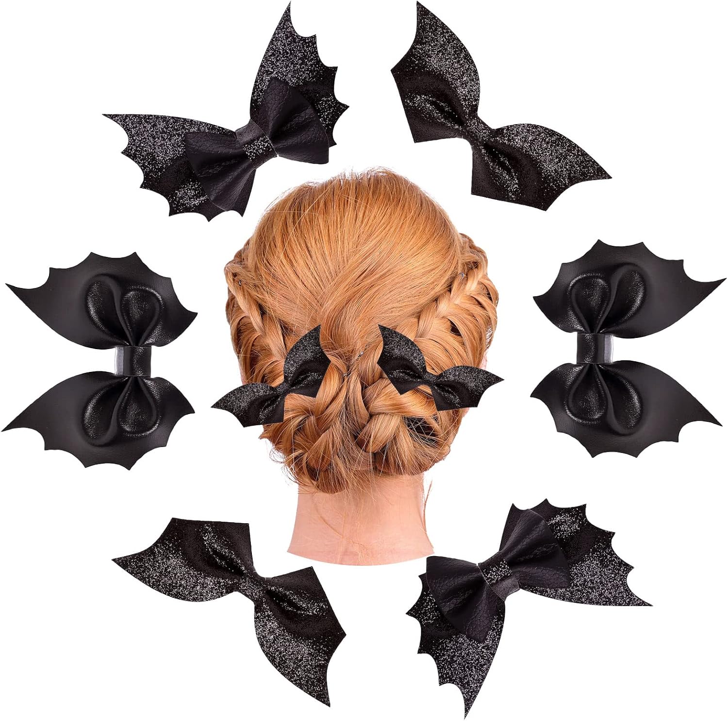 6Pcs Halloween Bat Bow Hair Clips 3 Style Hair Bow Barrette Black Glitter PU Leather Hairpins Sparkly Alligator Hairgrips for Girls Toddlers Teens Halloween Party Hair Accessories
