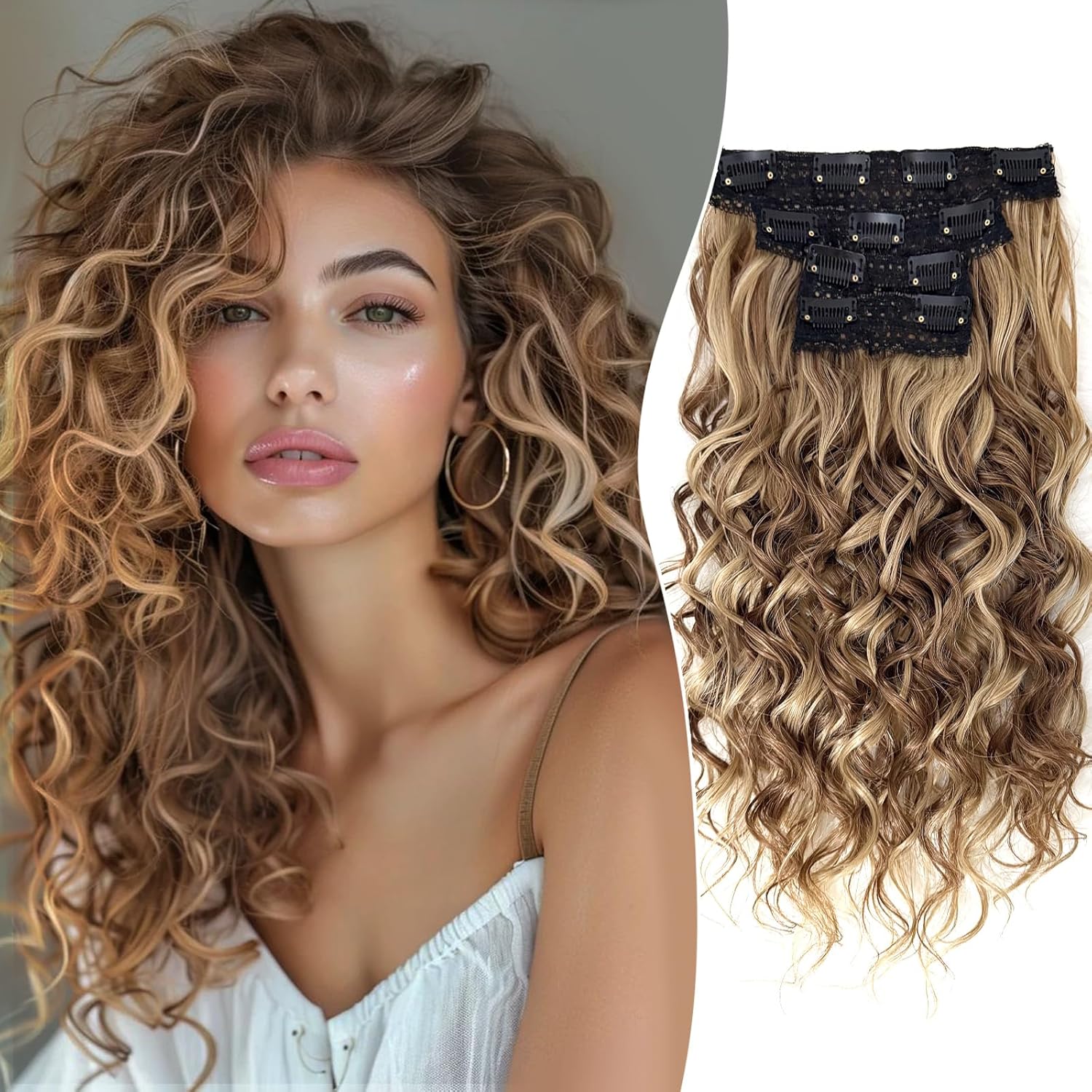 Clip in Hair Extensions, 4PCS 16 inch Curly Hair Extensions Short Soft Natural Hairpiece Lace Weft Curly Wave Clip Ins Extensions Invisible for Women