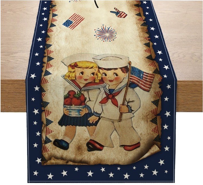 Vintage 4th of July Table Runner 4th of July Decorations - Navy Blue Vintage Style Boys and Girls Independence Day Holiday Home Kitchen Dining Table Decor, 4th of July Party Decorations 13x72 Inch