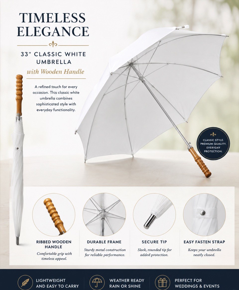 Classic White Pagoda-Style Umbrella with Ribbed Wooden Handle – 33 in.