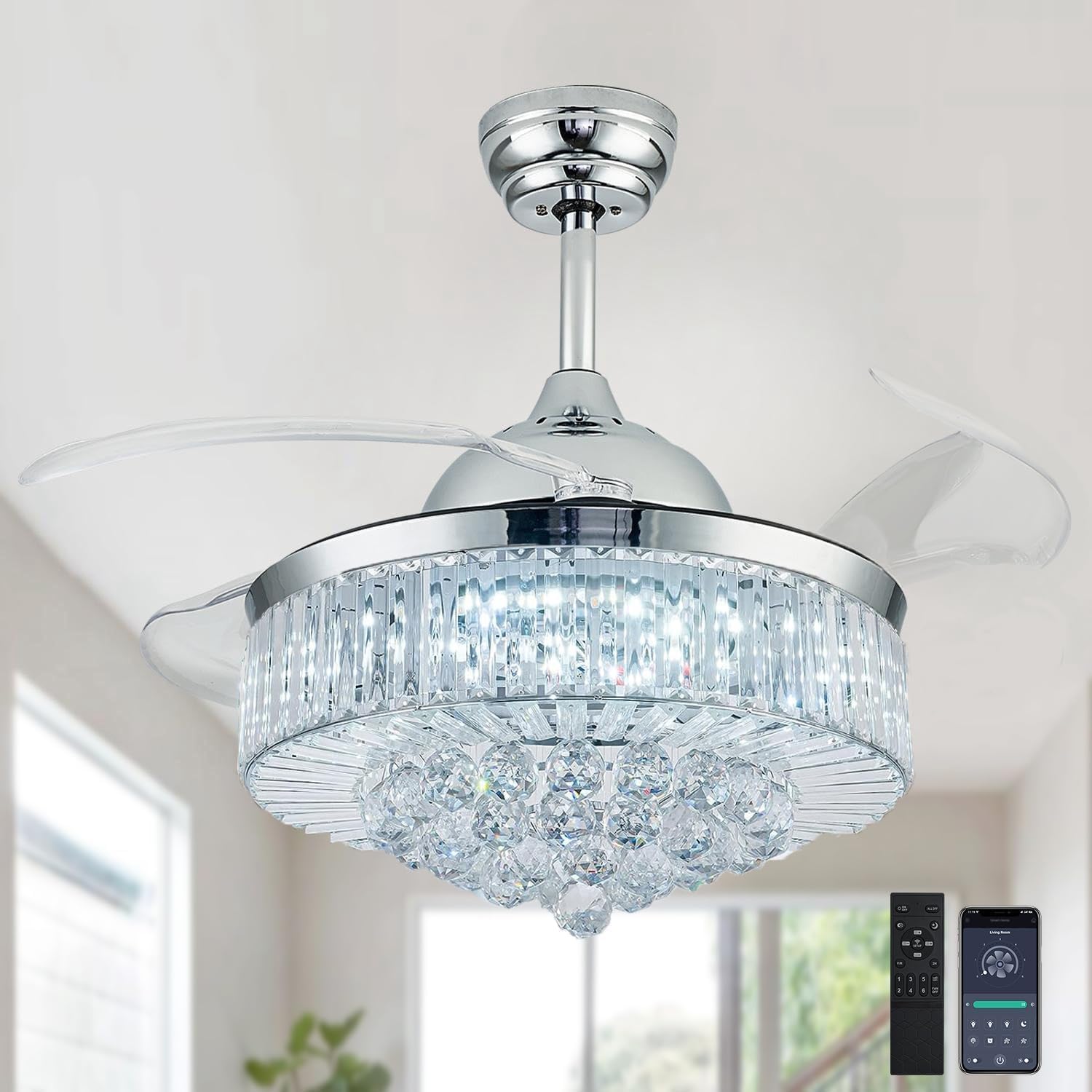 42'' Fandelier Ceiling Fan with Light, Retractable Chandelier Fan, 3 Color Temperature, 6 Wind Speed, Crystal Ceiling Fan for Bedroom Living Room Dining Room-Chrome