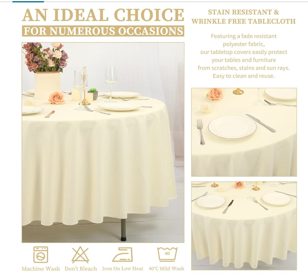 Showgeous Beige Round Tablecloth - 120 Inch Polyester Table Cloth - Washable Decorative Fabric Table Covers for Wedding, Dining, Party, Banquet, Buffet — Biege, 120 Inch Polyester Table Cloth - Quantity 1