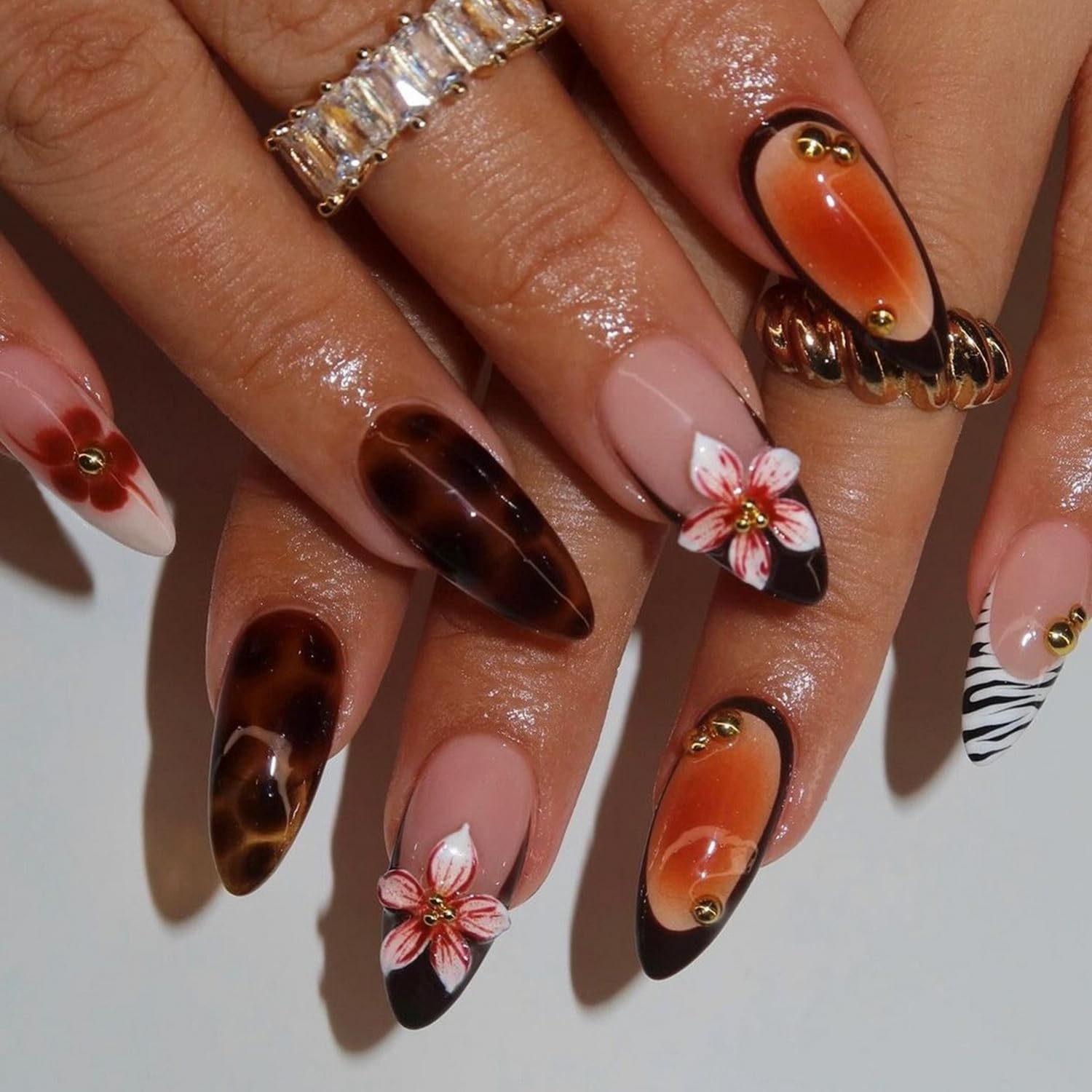 Brown Press on Nail Almond Fake Nails 3d Floral with Leopard Print designs Acrylic Artificial Nail French Tip Press ones Glossy Reusable Fall False Nails for Women Girls Stick on Nails 24pcs