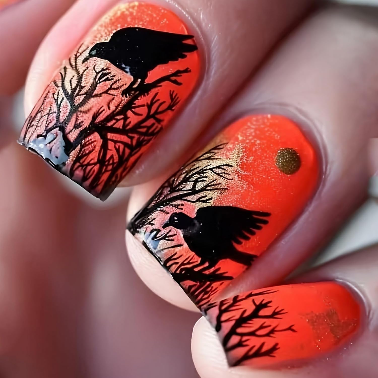 Halloween Press on Nails Medium Square Fake Nails Orange False Nails with Forest Crow Raven Sun Designs Full Cover Acrylic Nail Glossy Glue on Nail for Women Girls 24Pcs