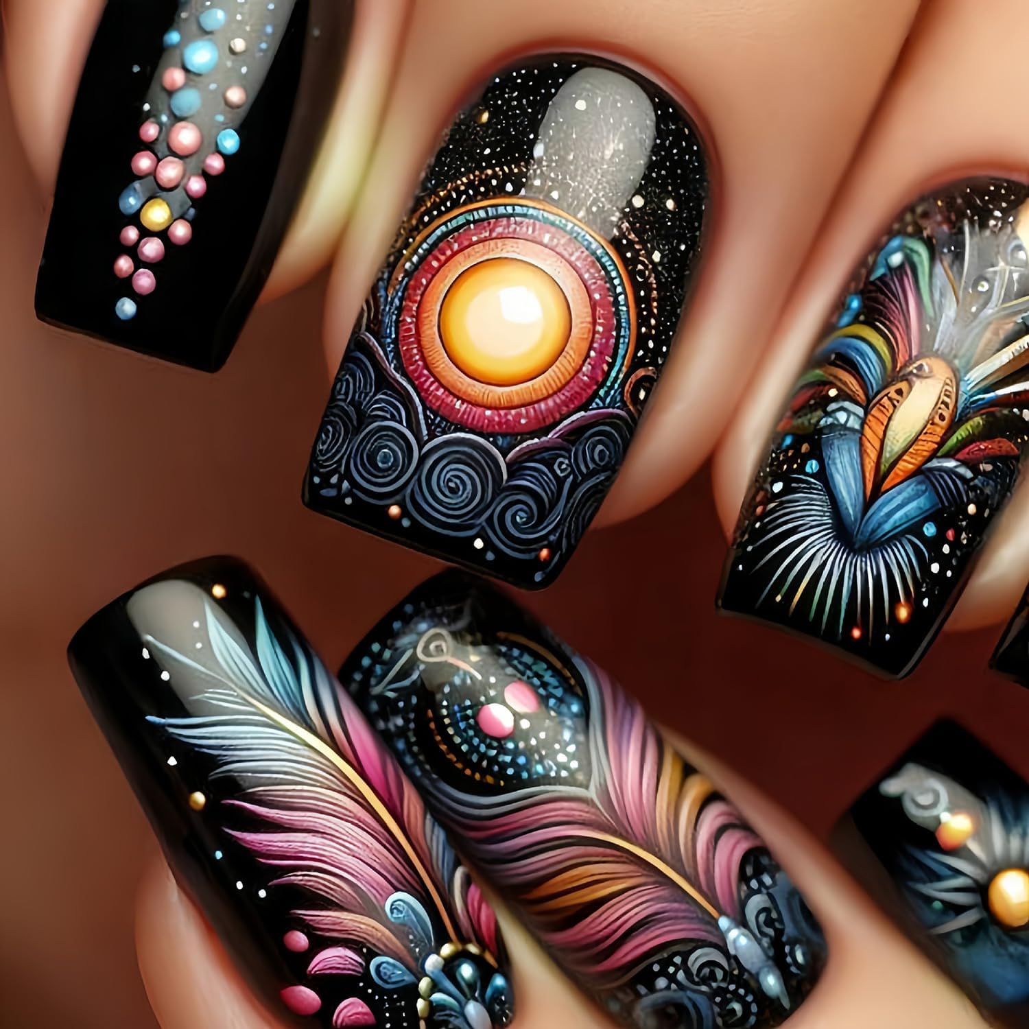 Press-On Nails — Black Coffin, Medium, Sun-Totem Design (24 Pcs)