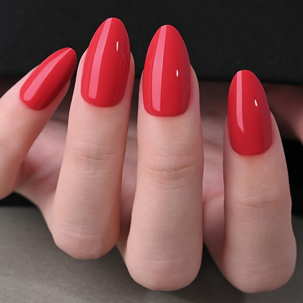Glossy Press on Nails Short Almond Short for Women, Vermillion Red Fake Nail with Kits Salon Quality Reusable Stick on Nails In 15 Sizes 30Pcs Full Cover False Nail Soft Gel Set Kit for Gift, 24