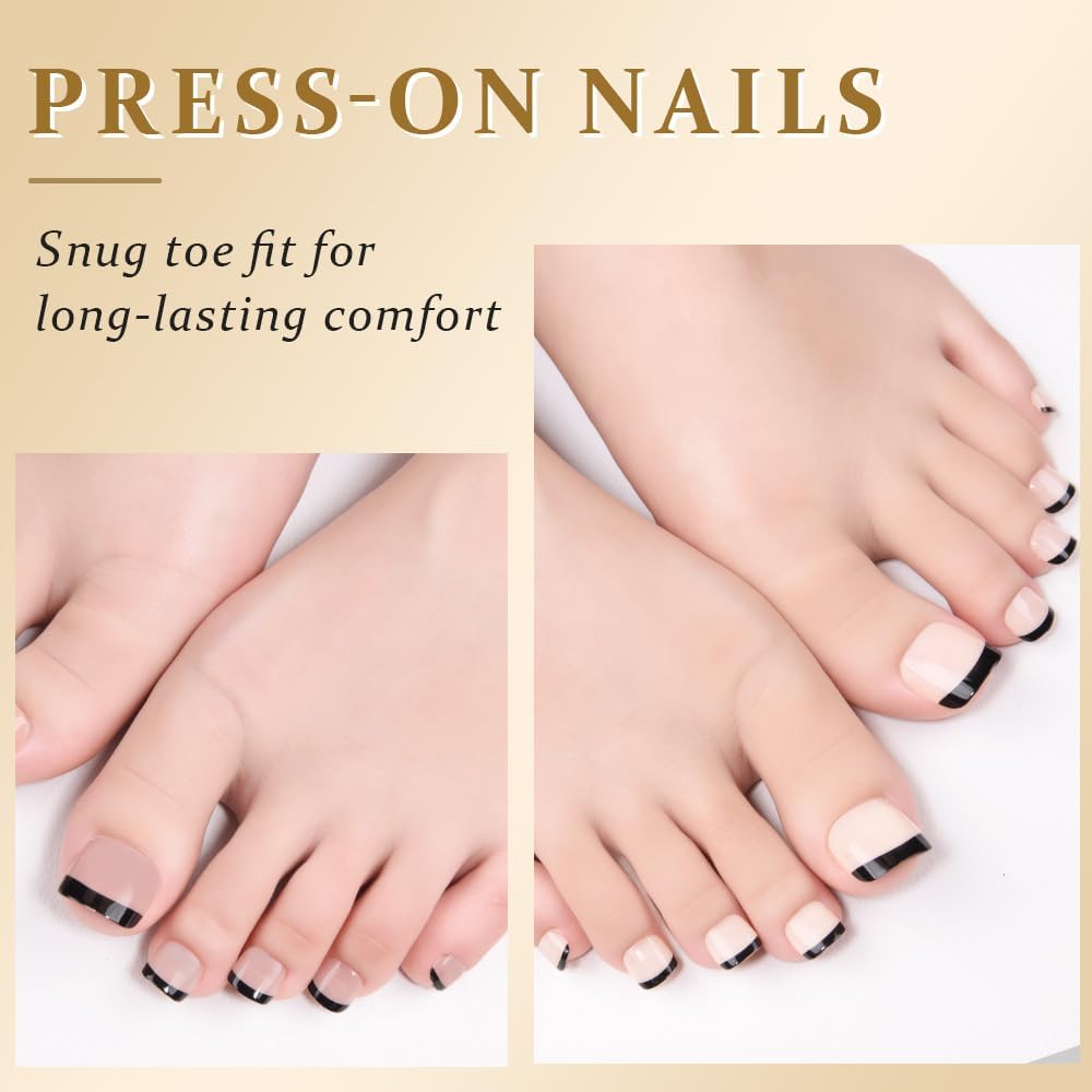 French Press on Toenails Short Square, Black French Tips with 5 Color Toe Nail Press ons, 150Pcs Soft Gel Toe Nail Tips, Full Cover Acrylic Stick on Toenails