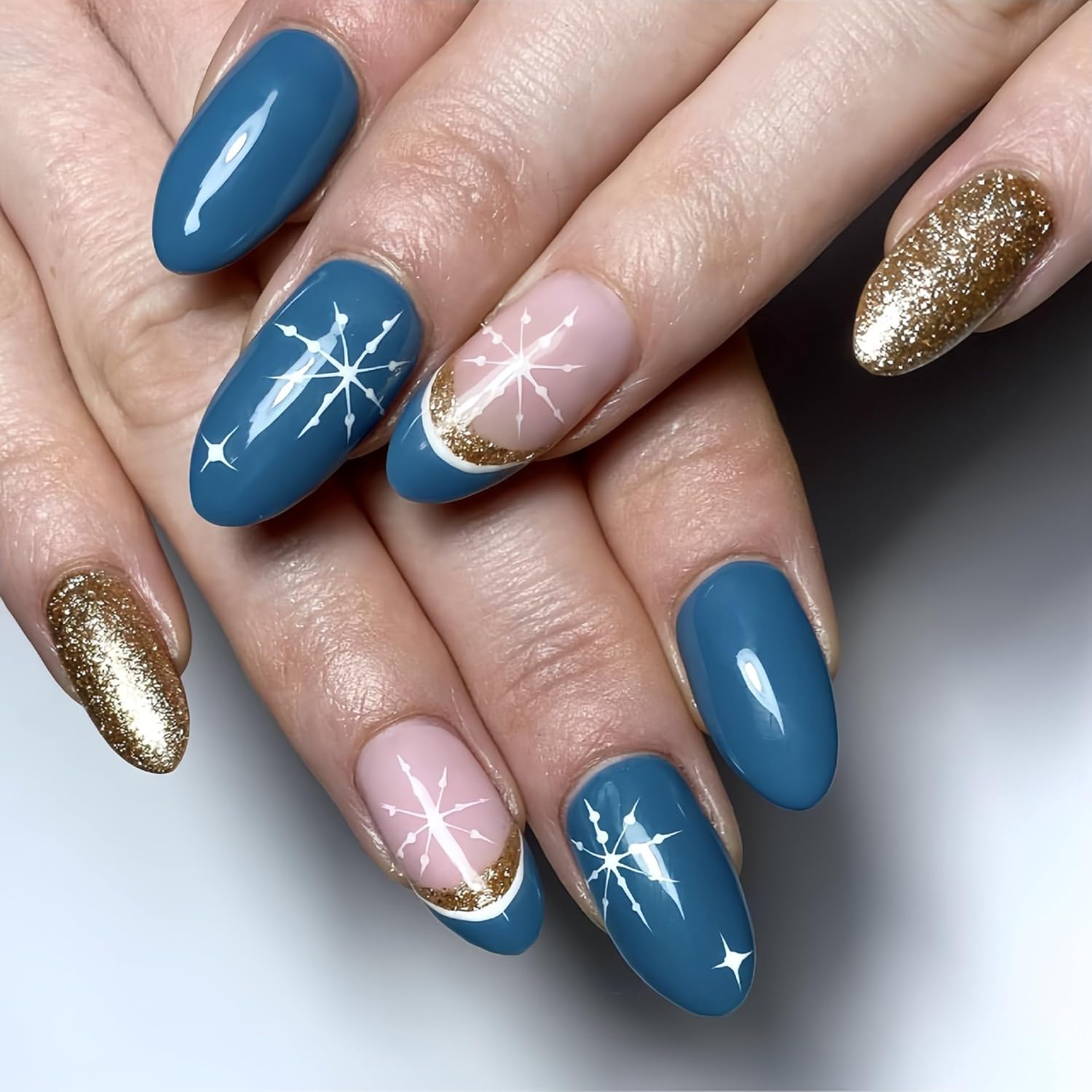 Christmas Press on Nails Medium Almond Fake Nails with Gold Glitter Designs Snowflake Glue on Nails Blue French tips Stick on Nail Winter Xmas False Nail for Women Girls Holiday Manicure 24pcs
