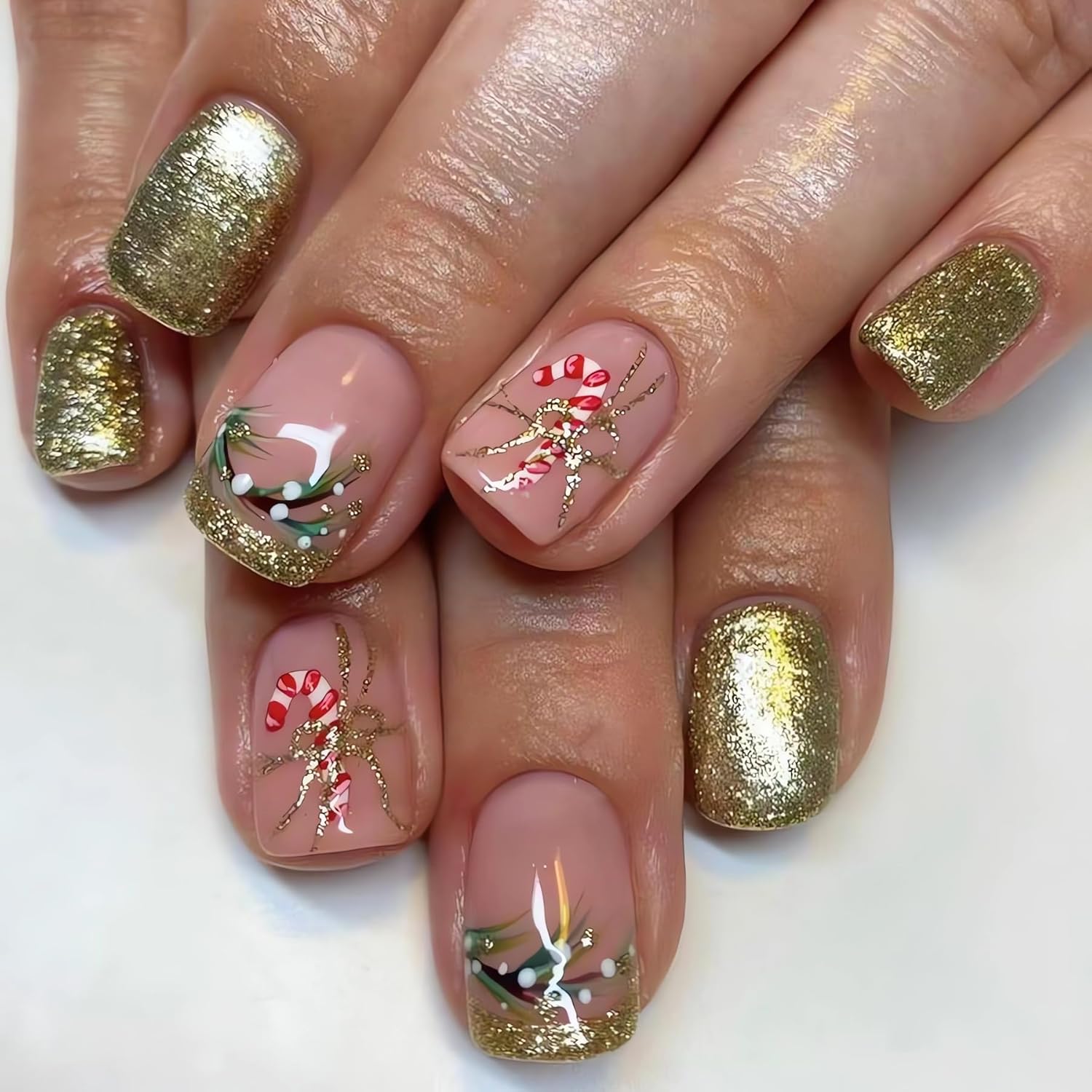Christmas Press on Nails Short Square Gold False Nails Christmas French Tip Fake Nails with Candy Cane Design Glitter Golden Artificial Nails Short Acrylic Glue on Nails Xmas Stick on Nails for Women