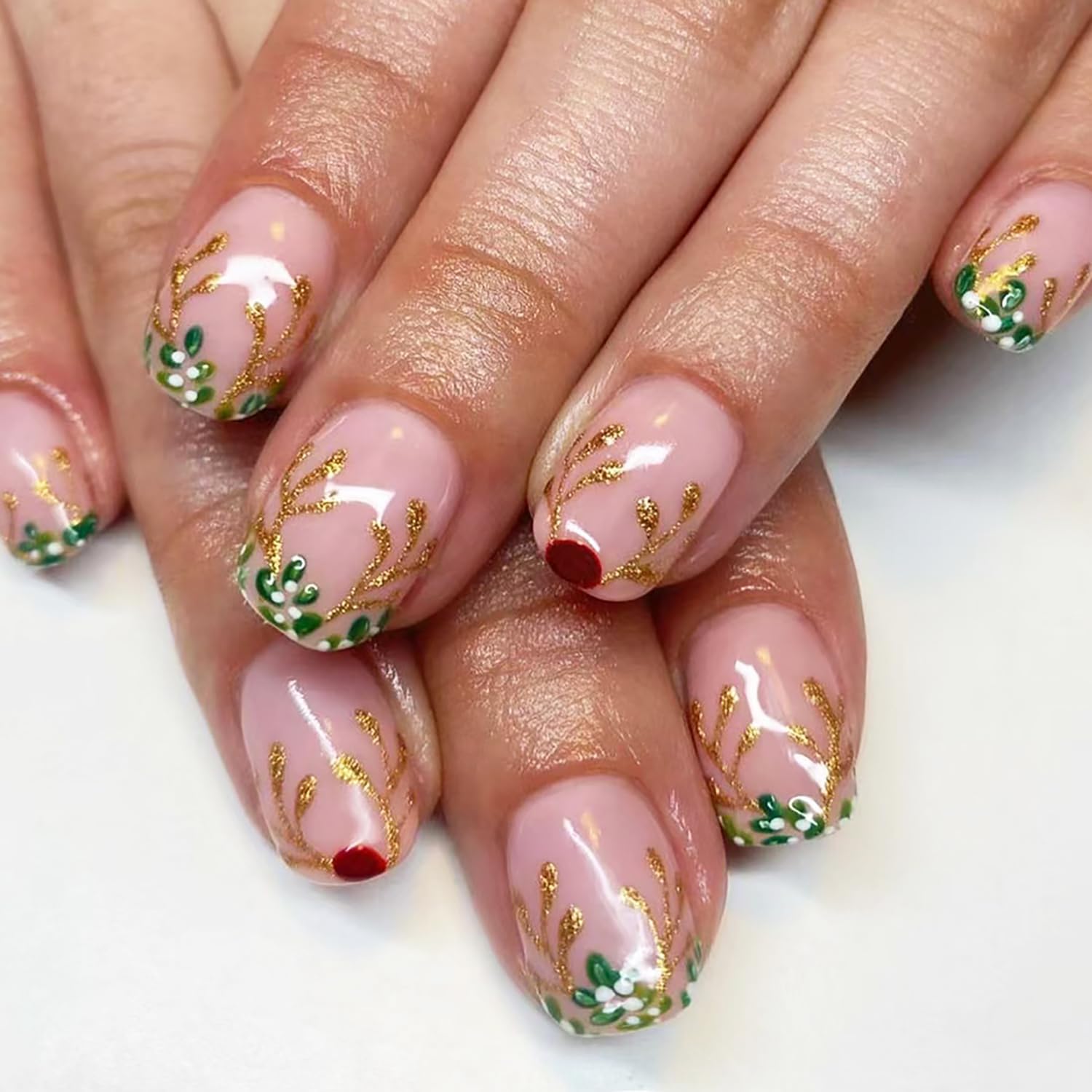 Christmas Elk Press on Nails Short Square Fake Nails Glitter Elk Horns False Nails Reusable Xmas New Year Acrylic Nails Nude Artificial Nails Full Cover Stick on Nails for Women Manicure Art 24Pcs