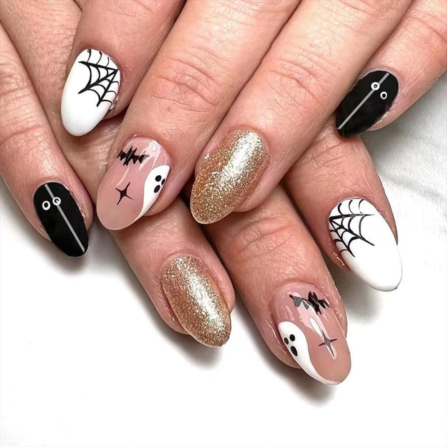 Halloween Press on Nails Short Almond Fake Nails Spiderweb Glue on Nails Bat Ghost Stick on Nail Black White Gold Glitter False Nail Reusable Halloween Nail for Women Girls Manicure 24pcs