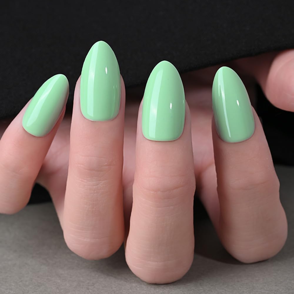 Glossy Press on Nails Short Almond Short for Women, Green Fake Nail with Kits Salon Quality Reusable Stick on Nails In 15 Sizes 30Pcs Full Cover False Nail Soft Gel Set Kit for Gift, 16