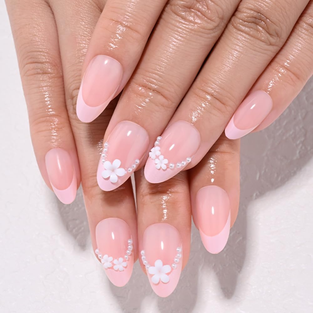 Nude Pink French Press on Nails Short Almond with 3D Flower Design, Pink French Tip Stick on Nails for Women Gift, Reusable Full Cover Soft Press on Fake Nail Perfectly Fit with Pearl Design