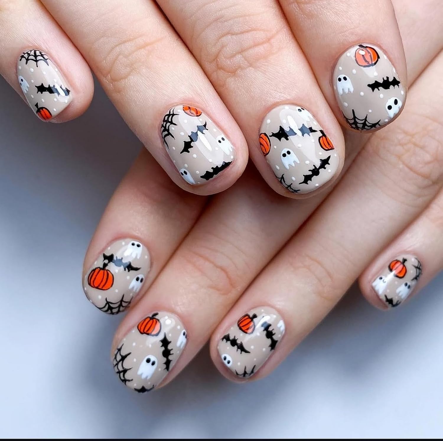 Halloween Press on Nails Short Square Fake Nails Cute False Nails with Spider Web Pumpkin Ghost Polka Dots Designs Full Cover Glossy Glue on Nail Stick on Nail for Women Girls 24Pcs