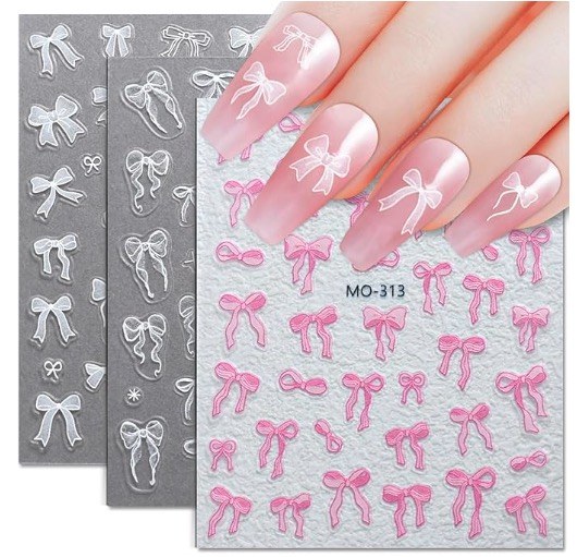 3 Sheets Bow Nail Sticker 3D Embossed Self-Adhesive Color Bow Art Nails Decals 5D Design Stickers Supplies for Women Girls Manicure Decoration 807-10