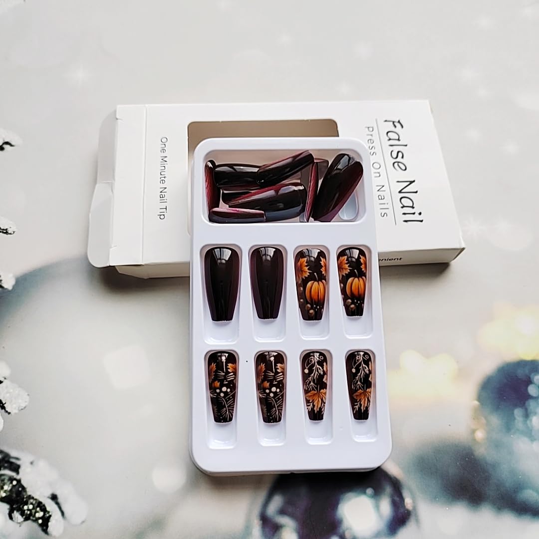 24Pcs Fall Press on Nails Medium Coffin Fake Nails Wine Red Glossy Stick on Nail Halloween Pumpkin False Nails with Autumn Maple Leaves Designs Full Cover Halloween Glue on Nail for Women Girls