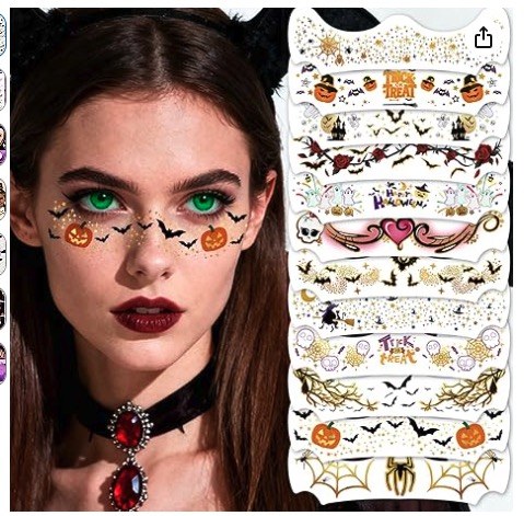 Halloween Bat Glitter Freckles,8 Pcs Pumpkin Spider Web Waterproof Makeup Patches Shimmer Freckle Set Temporary Tattoos for Women Parties