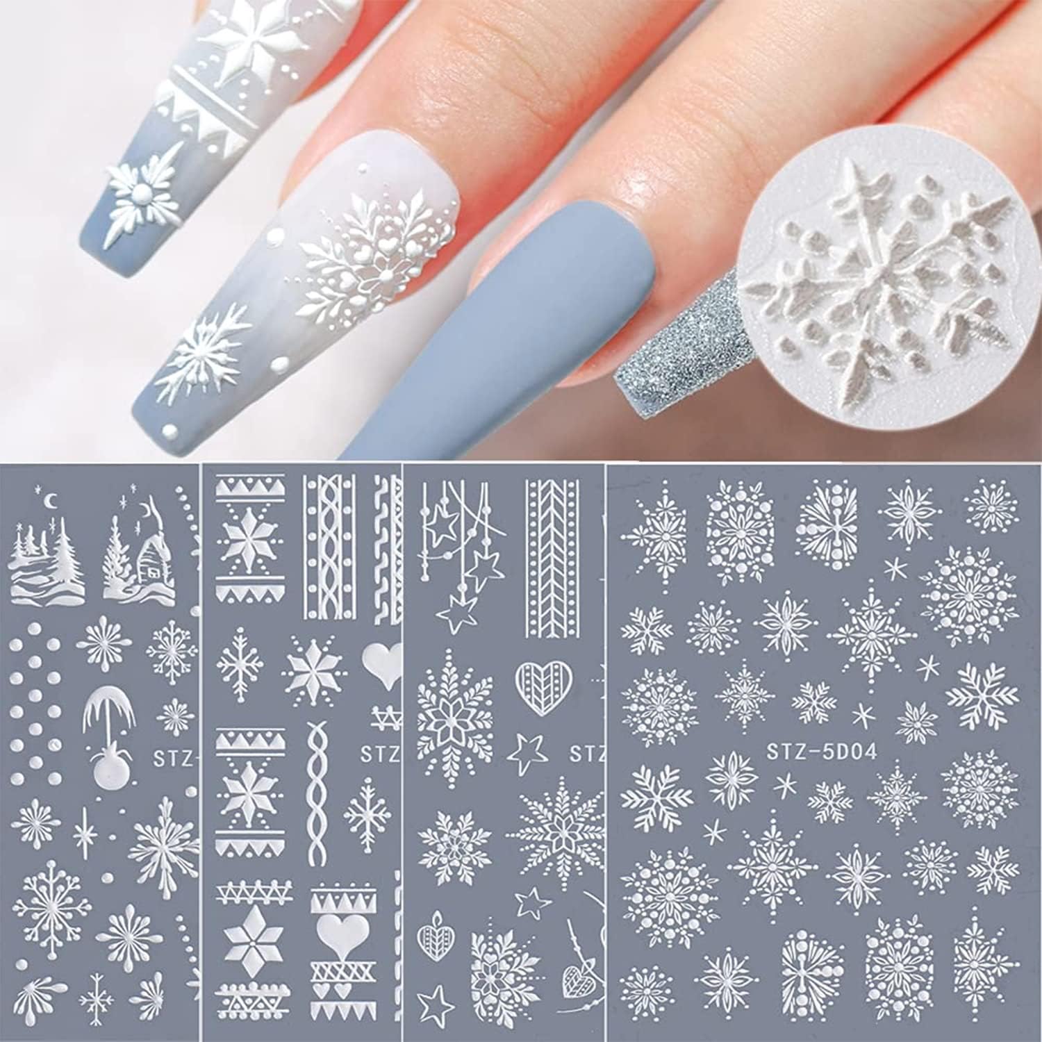 Calcomanías para decoración de uñas de Navidad, 5D, copos de nieve blancos, huecos, exquisitos y lujosos (copos de nieve A)