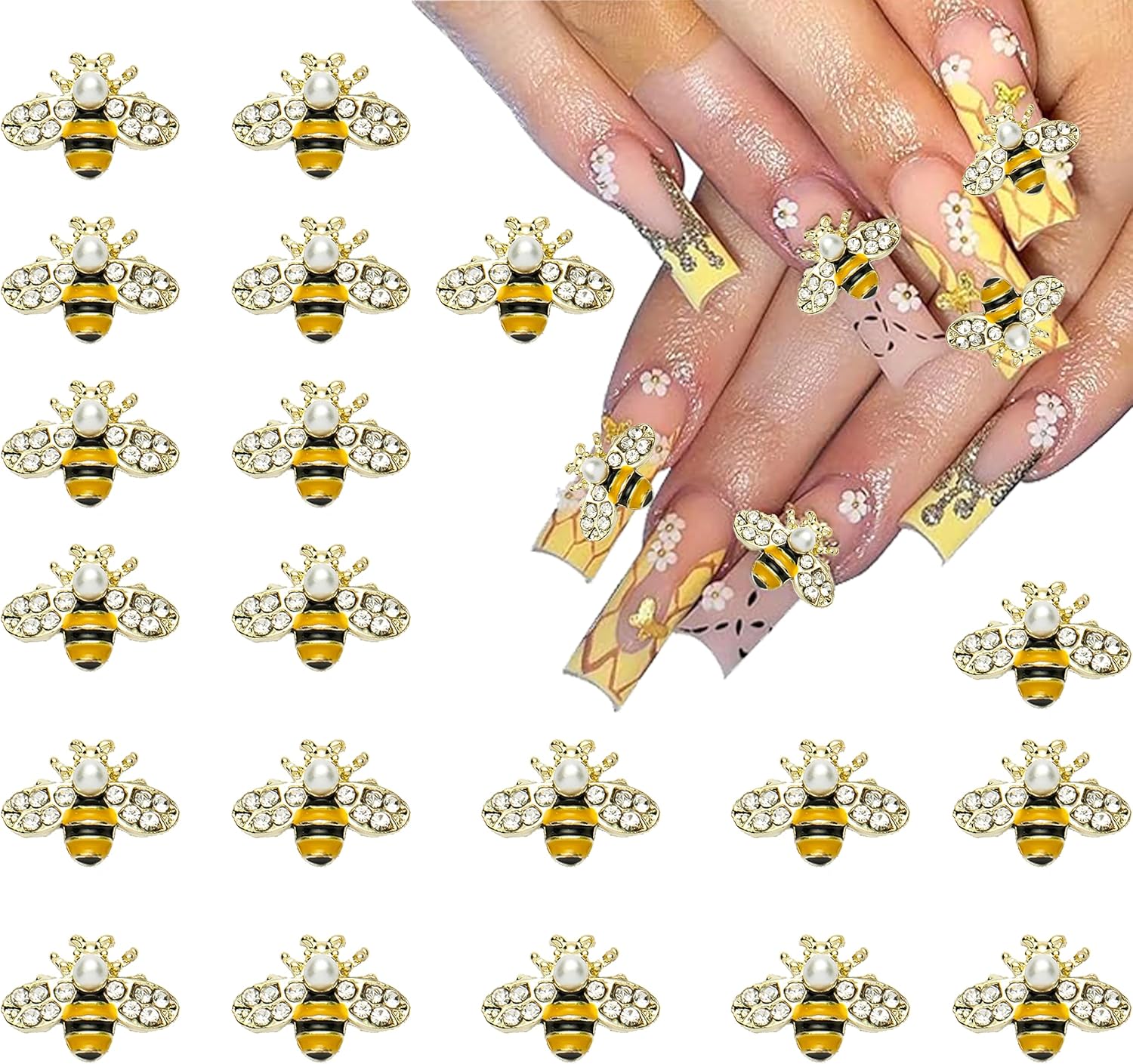 20pcs 3D Golden Bee Nail Art Charms Set for Cute Golden Bee Nails Crystal Chrome Y2K Acrylic Nail Art Supplies Accessories DIY Nail Decoration Gift