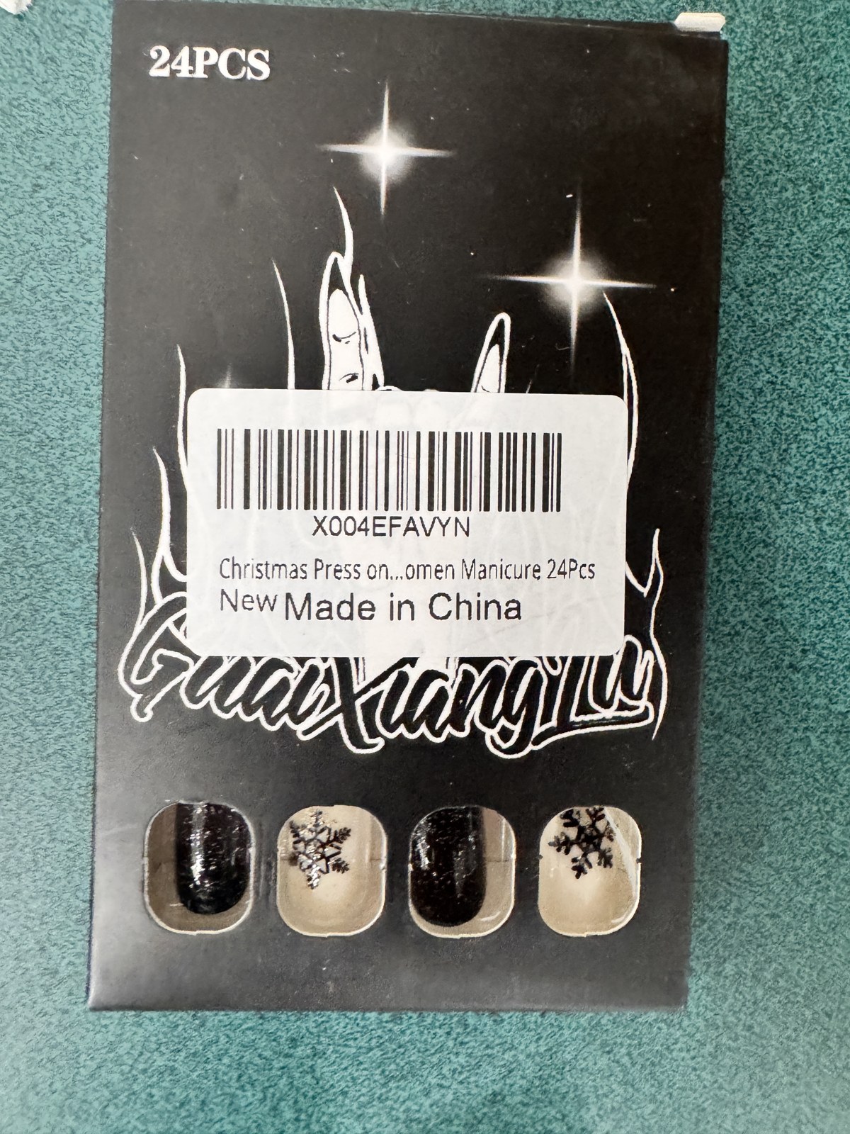 Christmas Press on Nails Short - Square Fake Nails with Black Snowflake Design - Glitter, Winter Full Cover Stick on False Nails - for Women 24 Pcs