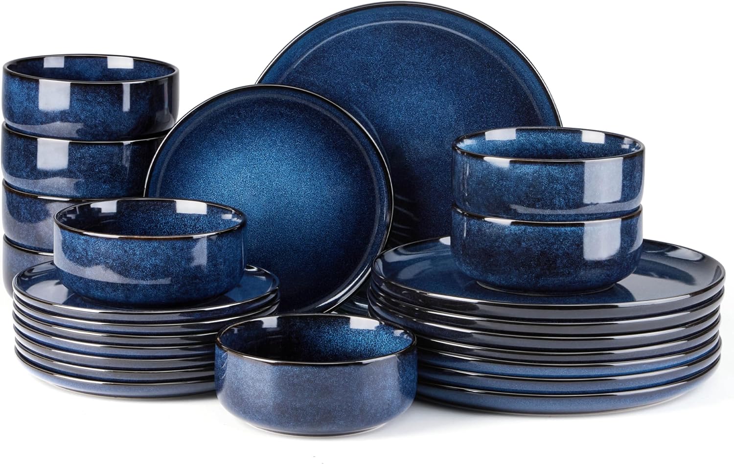 E-far Dinnerware Set - 21-Piece Stoneware Plates and Bowls Set, Ceramic Dishes Reactive Glaze Dinning Ware, Microwave & Dishwasher Safe - Deep Sea Blue 7 Large Plates/8 Small Plates/6 Bowls