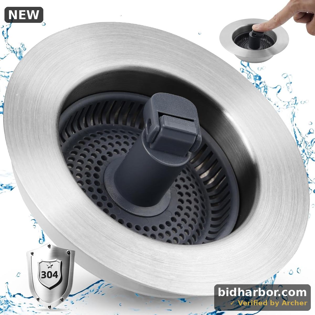3 in 1 Kitchen Sink Stopper Strainer, Universal Fit Upgrade 304 Stainless Steel Pop Up Sink Drain Strainer with Folded Rod for US Standard 3-1/2 inch Drain Filter, Anti-Clog