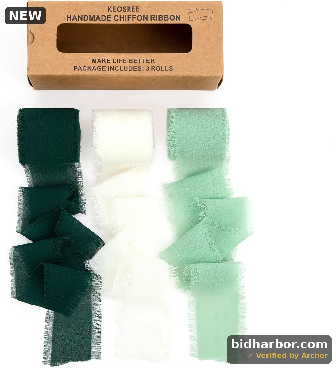 KEOSREE 3 Rolls Cream White & Sage Green Handmade Chiffon Ribbon,1.5" x 21Yd Frayed Fringe Silk Ribbons (3 Rolls *7Yd) for Gifts Wrapping, Wedding Invitations, Bridal Bouquets, Decorations