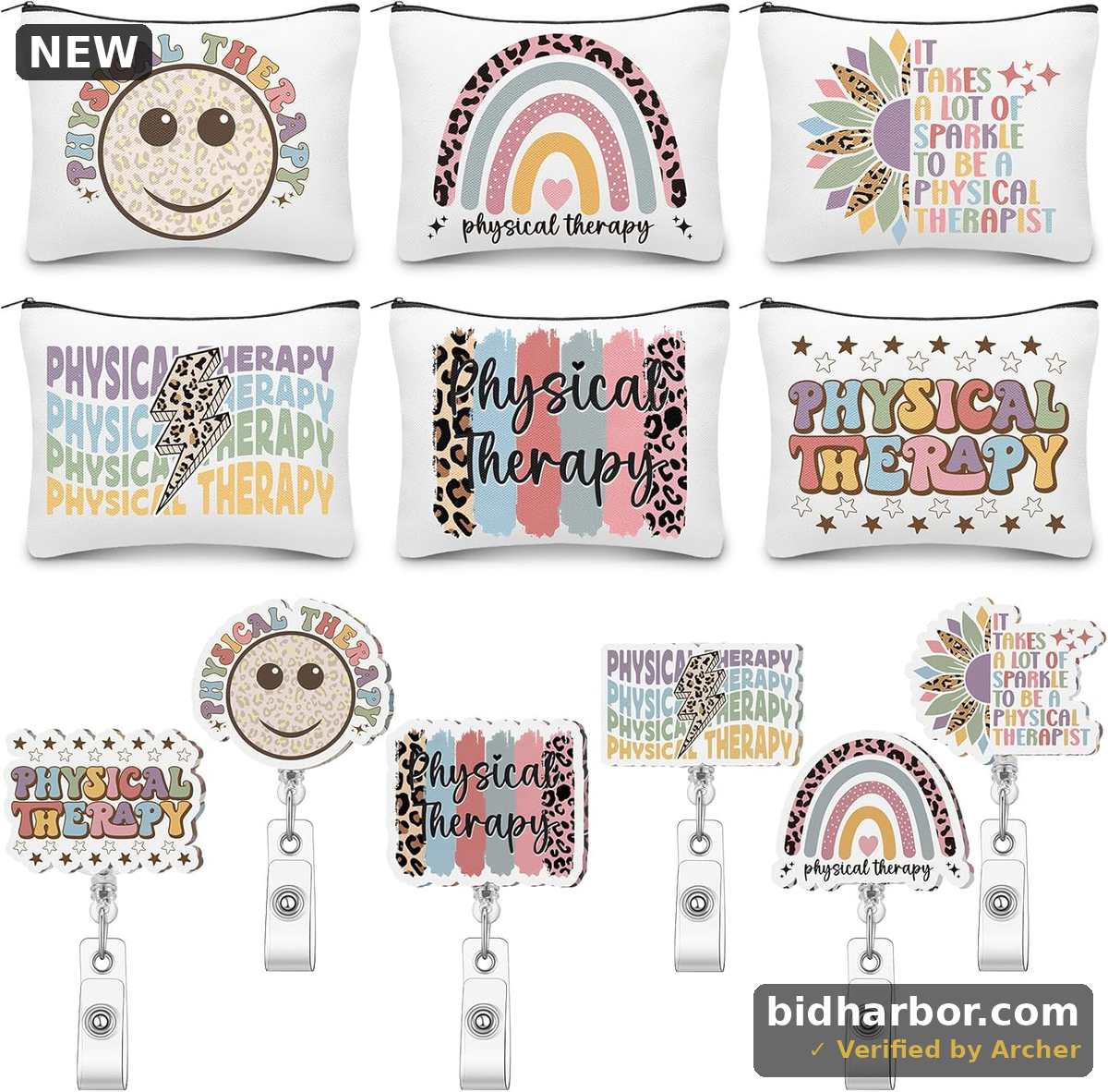 Physical Therapy Gift Set — 6 Cosmetic Bags & 6 Badge Reels, Christmas, 12-Pcs