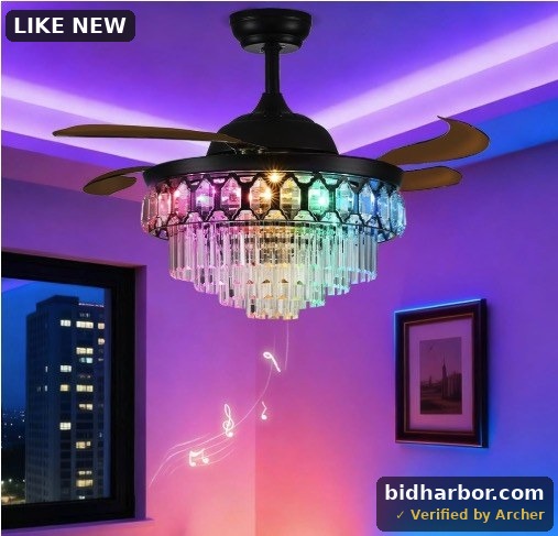 Lightree 42-Inch Black RGB Crystal Fandelier Ceiling Fan with App/Remote Control & Bluetooth Speaker – New Consigned Item - 42 Inch, RGB / Black