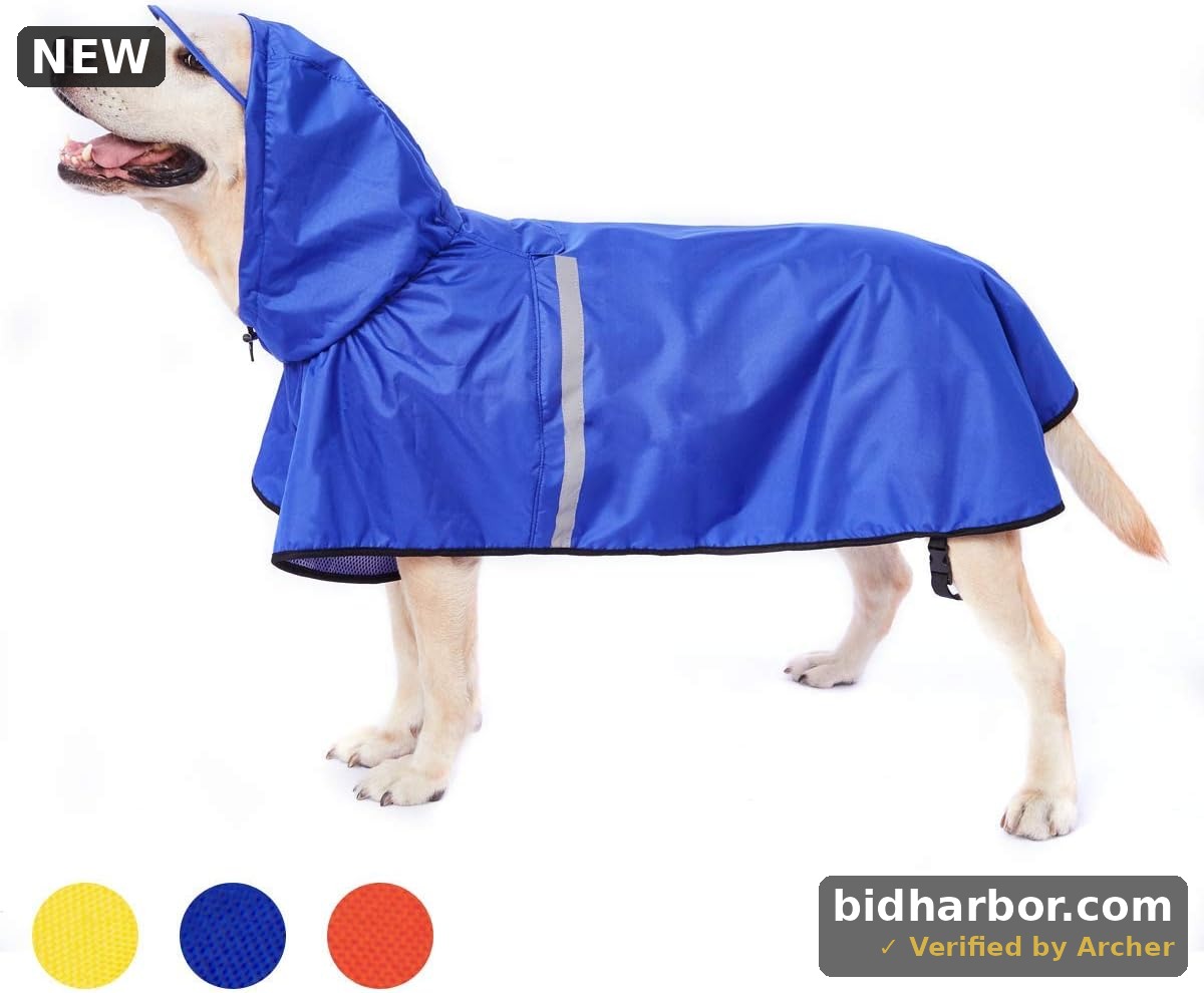 Dog Raincoat with Adjustable Belly Strap and Leash Hole - Hoodie with Reflective Strip - Waterproof Slicker Lightweight Breathable Rain Poncho Jacket for Medium Large Dogs - Easy to Wear