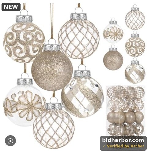 Korlon Tec 30 Pcs Farmhouse Christmas Ornaments, 60mm/2.36" Rustic Champagne Ball Ornaments, Large Shatterproof Clear Plastic Hanging Tree Decorations Balls for Xmas Wreath Party Home Holiday Decor