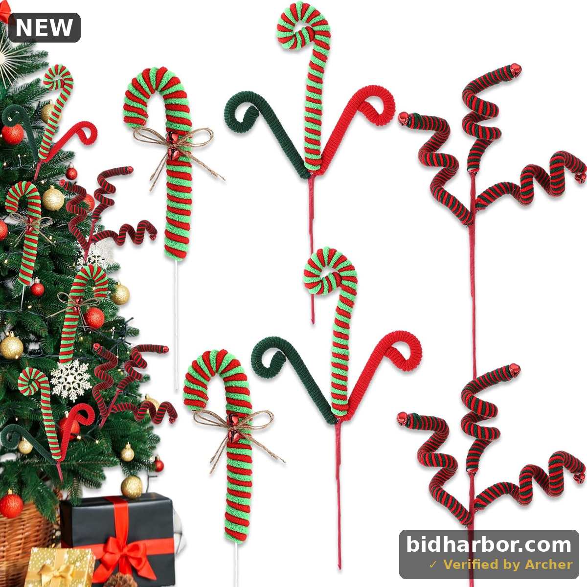 Chiisong 6 Pcs Christmas Tree Decorations Picks 12 Inch Christmas Woolen Bells Candy Curly Pick Xmas Tree Topper Ornaments for Home Office Party Supplies(Red Green)