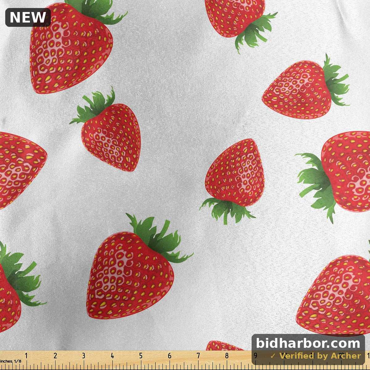 Lunarable Spring Fabric by The Yard, Cartoon Style Strawberries on White Background Fresh Fruit Pattern Image, Decorative Satin Fabric for Home Textiles and Crafts, 3 Yards, Red White